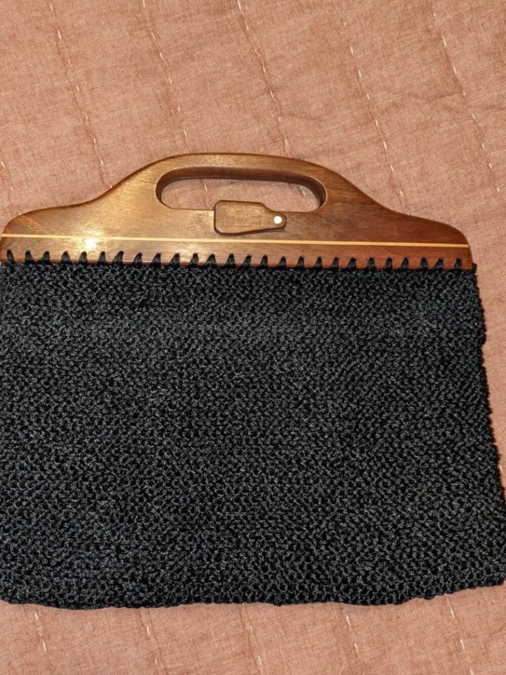 Vintage 1940s Crochet Evening Bag With Wooden Handles and Coin Purse, Clutch